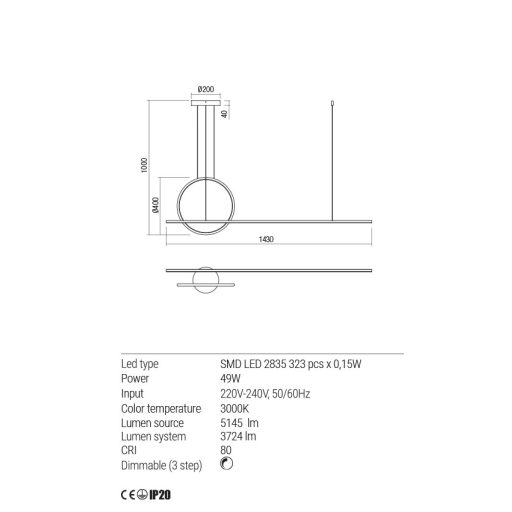 ROTONDA-LED-csillár-matt-fekete-143-cm