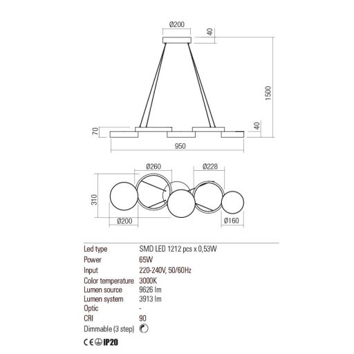 CRONOS modern LED függőlámpa, bronz, 65W, 3000K, 3913lm