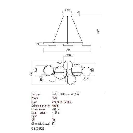 CRONOS modern LED függőlámpa, matt fekete, 65W, 3000K, 4137lm