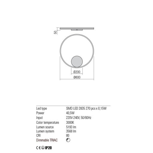 ORBIT modern LED fali/mennyezeti lámpa, matt fekete, 3000K, Ø60 cm, DALI dimmelhető