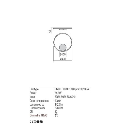 ORBIT modern LED fali/mennyezeti lámpa, fehér, 3000K, Ø40 cm, TRIAC dimmelhető