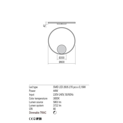 ORBIT modern LED fali/mennyezeti lámpa, matt fekete, 3000K, Ø60 cm, TRIAC dimmelhető
