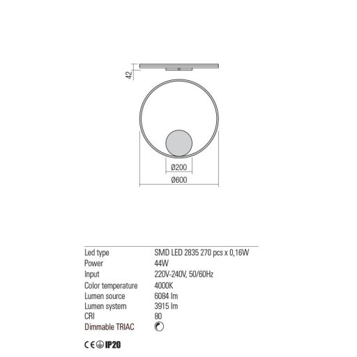 ORBIT modern LED fali/mennyezeti lámpa, bronz, 4000K, Ø60 cm, TRIAC dimmelhető