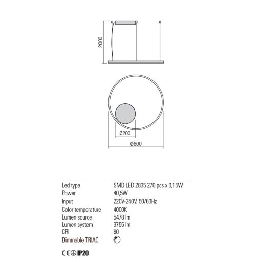 ORBIT modern LED függőlámpa, matt fekete, 4000K, Ø60 cm, TRIAC dimmelhető
