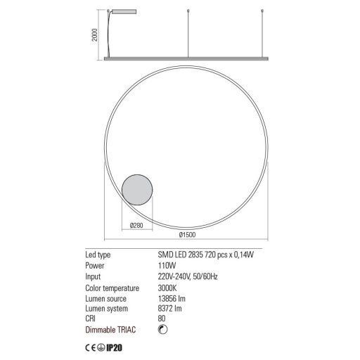 ORBIT modern LED függőlámpa, bronz, 3000K, Ø150 cm, TRIAC dimmelhető