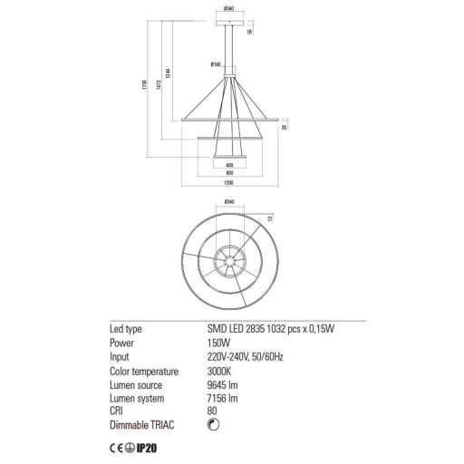 ORBIT modern LED függőlámpa, bronz, 3000K, Ø120+80+40 cm, DALI dimmelhető