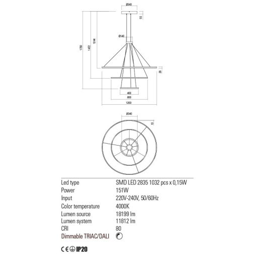 ORBIT modern LED függőlámpa, matt fekete, 4000K, Ø120+80+40 cm, DALI dimmelhető
