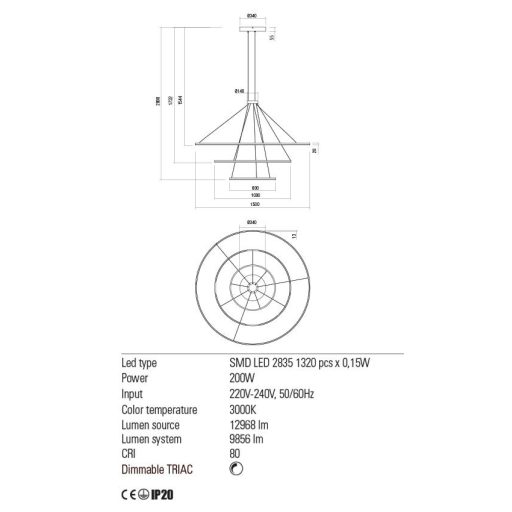 ORBIT modern LED függőlámpa, bronz, 3000K, Ø150+100+60 cm, TRIAC dimmelhető