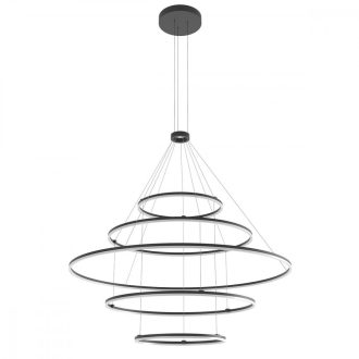 ORBIT modern LED függőlámpa, matt fekete, 3000K, Ø150+100+100+60+60 cm, TRIAC dimmelhető