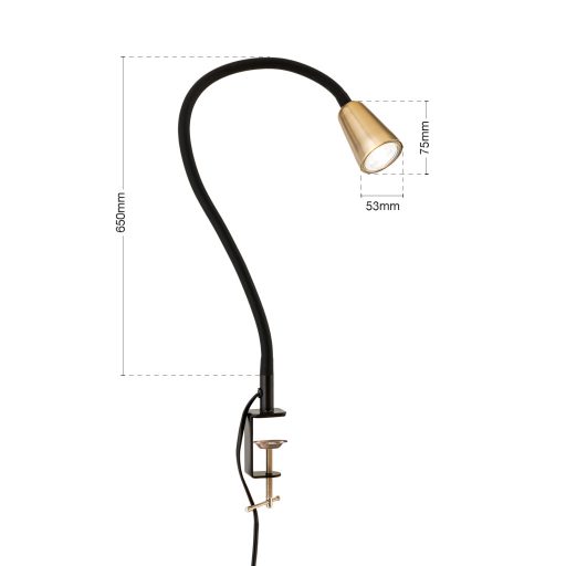DOTTY modern csíptetős lámpa, fekete, hajlítható nyakkal, 65 cm