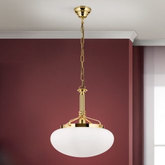   WIENER NOSTALGIE klasszikus függőlámpa, fényes sárgaréz, matt opál üvegbúra, Ø40 cm, búramagasság 41 cm