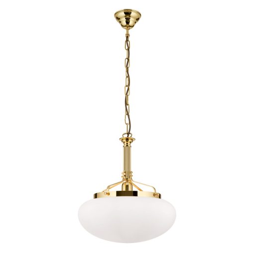 WIENER NOSTALGIE klasszikus függőlámpa, fényes sárgaréz, matt opál üvegbúra, Ø40 cm, búramagasság 41 cm