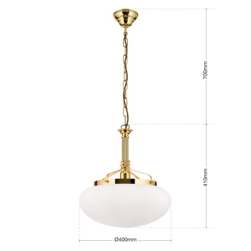 WIENER NOSTALGIE klasszikus függőlámpa, fényes sárgaréz, matt opál üvegbúra, Ø40 cm, búramagasság 41 cm