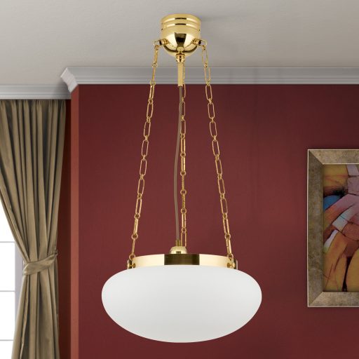 WIENER NOSTALGIE klasszikus függőlámpa, fényes sárgaréz, matt opál üvegbúra, Ø40 cm, búramagasság 22 cm