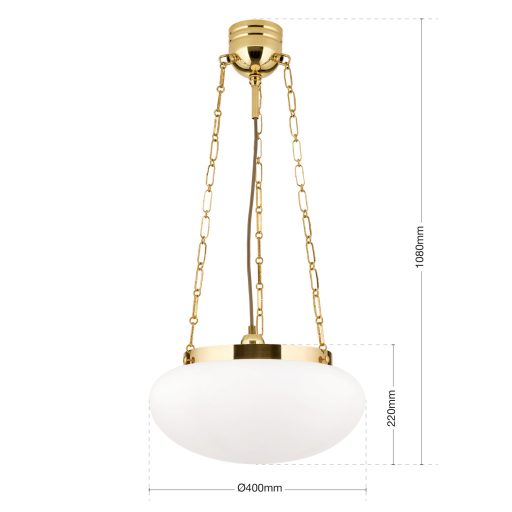 WIENER NOSTALGIE klasszikus függőlámpa, fényes sárgaréz, matt opál üvegbúra, Ø40 cm, búramagasság 22 cm