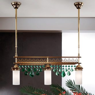   ORIONTAL keleti stílusú függőlámpa, arany, zöld kristályfüggőkkel, 83 cm