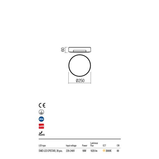 ROKS  kültéri LED  mennyezeti lámpa antracit IP54 16W/3000K